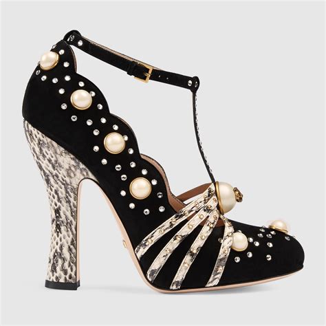 gucci gold studded red heels|gucci suede mid heel pump.